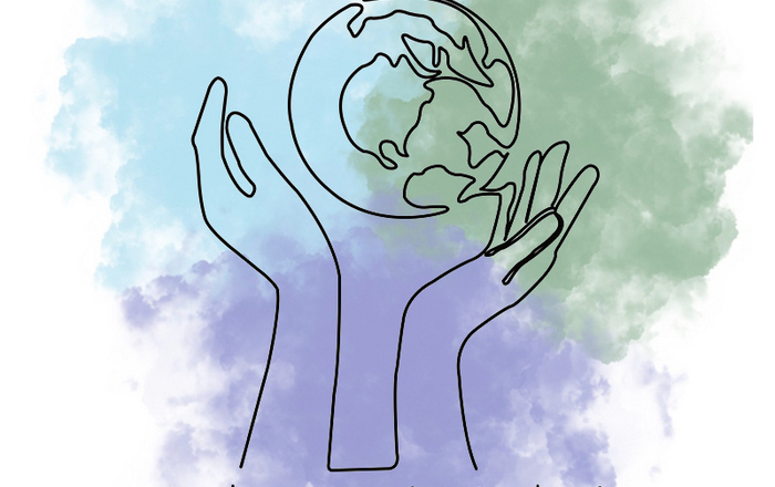 vor drei Aquarellwolken sind zwei Hände gezeichnet die die Weltkugel halten. Darunter steht We are the world