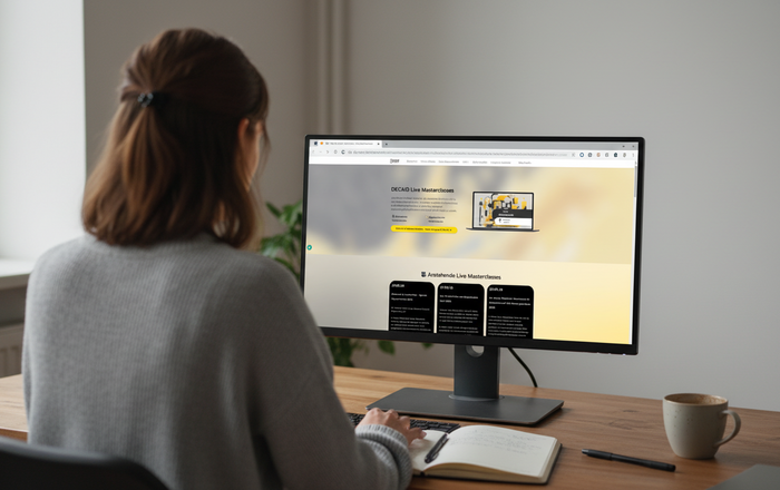 Eine Frau sitzt an einem Tisch an einem PC