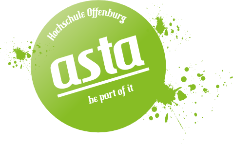 Das Bild zeigt das AStA-Logo, einen grünen Frabklecks mit dem Wort AStA in weißer Schrift darin